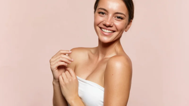 Smiling woman touching her shoulder in a white top against a pink background