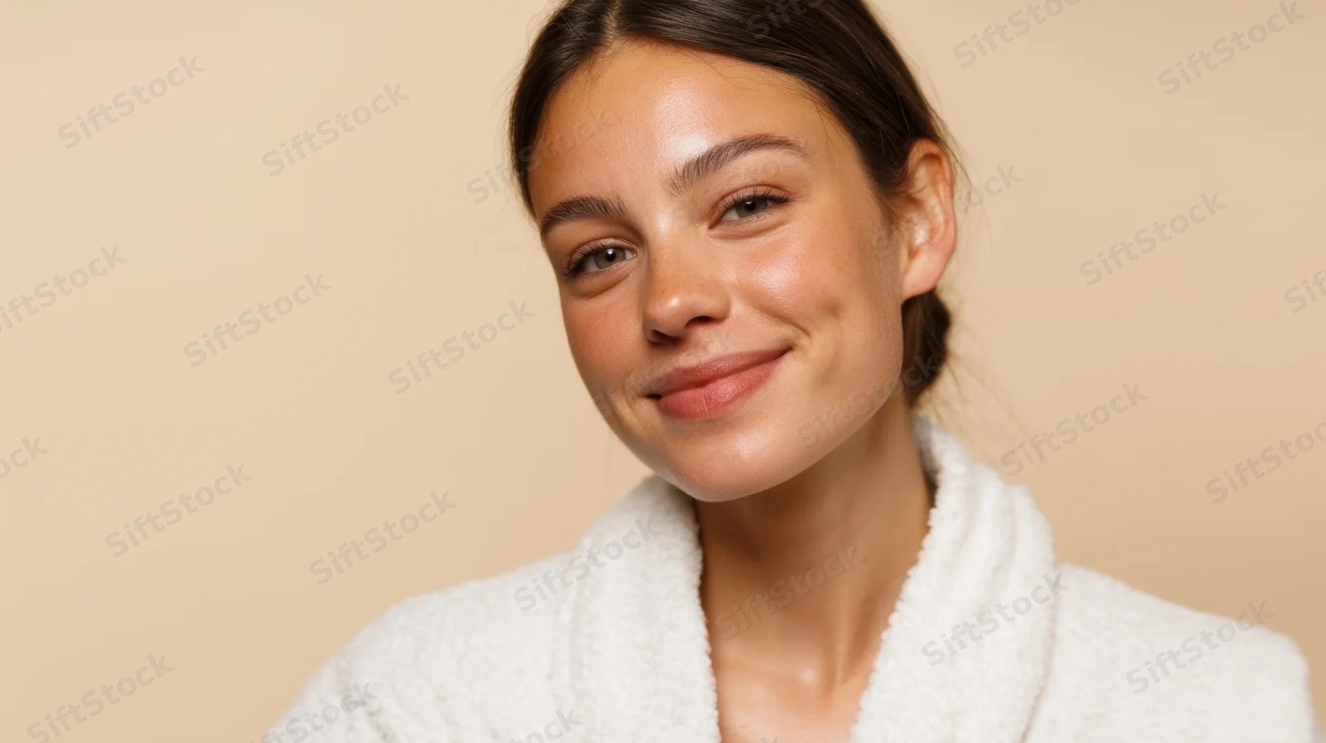 Woman smiling in white bathrobe against beige background