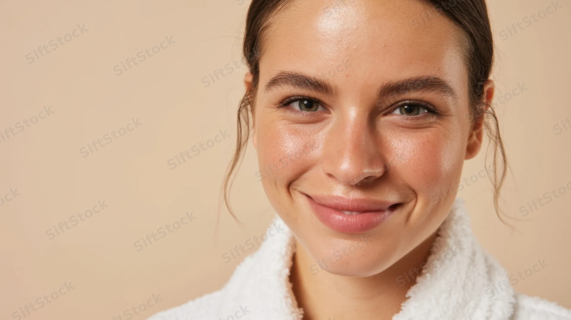 Smiling woman in white bathrobe with soft glowing skin against beige background