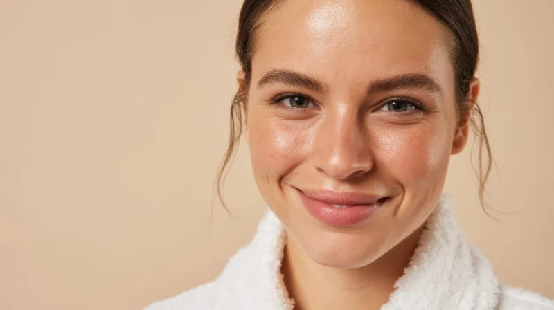Smiling woman in white bathrobe with soft glowing skin against beige background