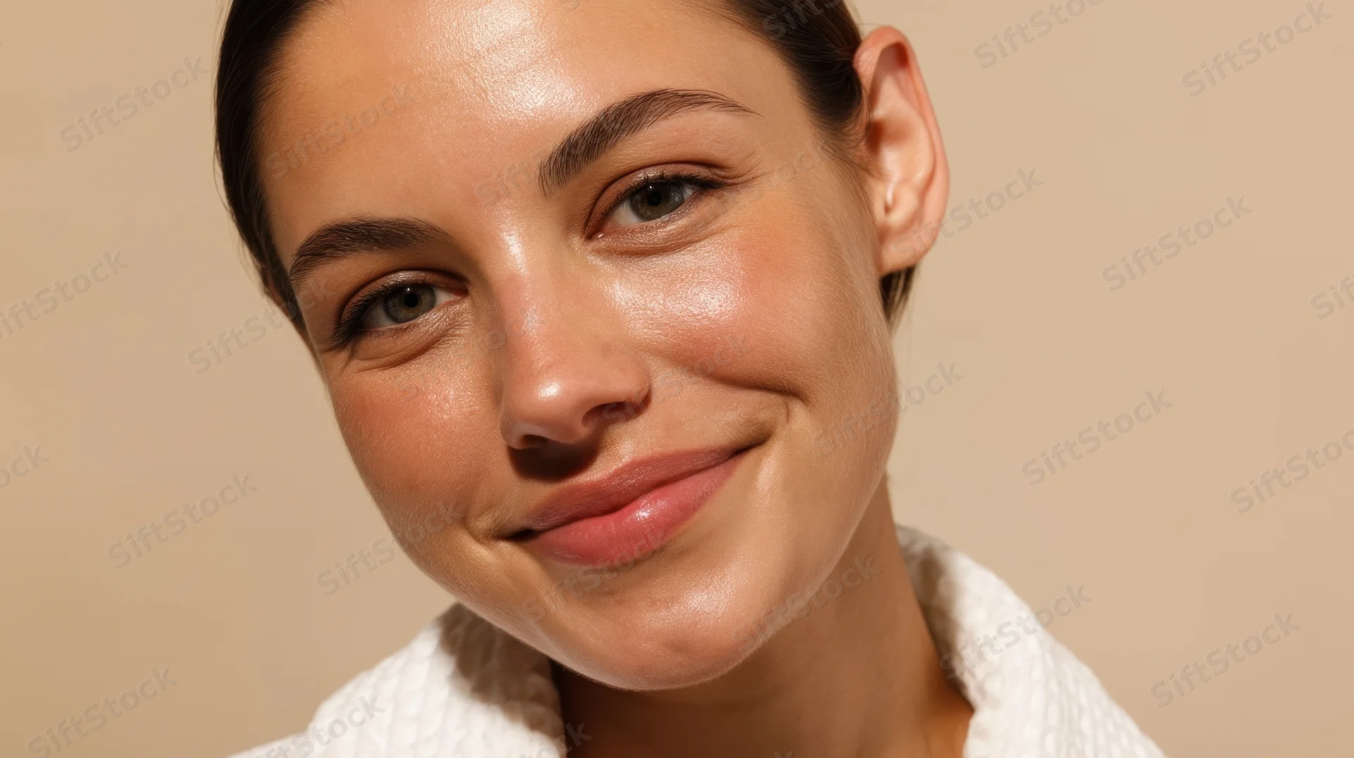 Closeup of a smiling woman with glowing skin wearing a white robe