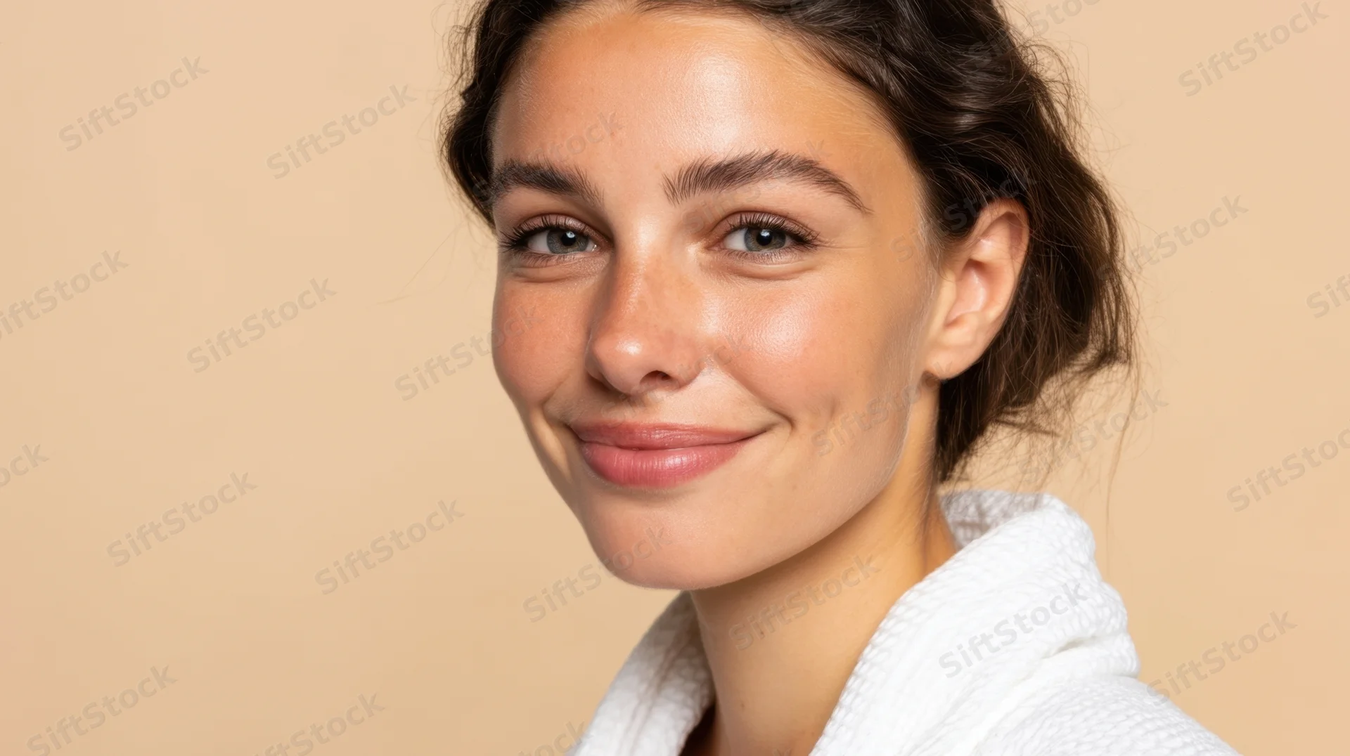 Smiling woman in white bathrobe against beige background