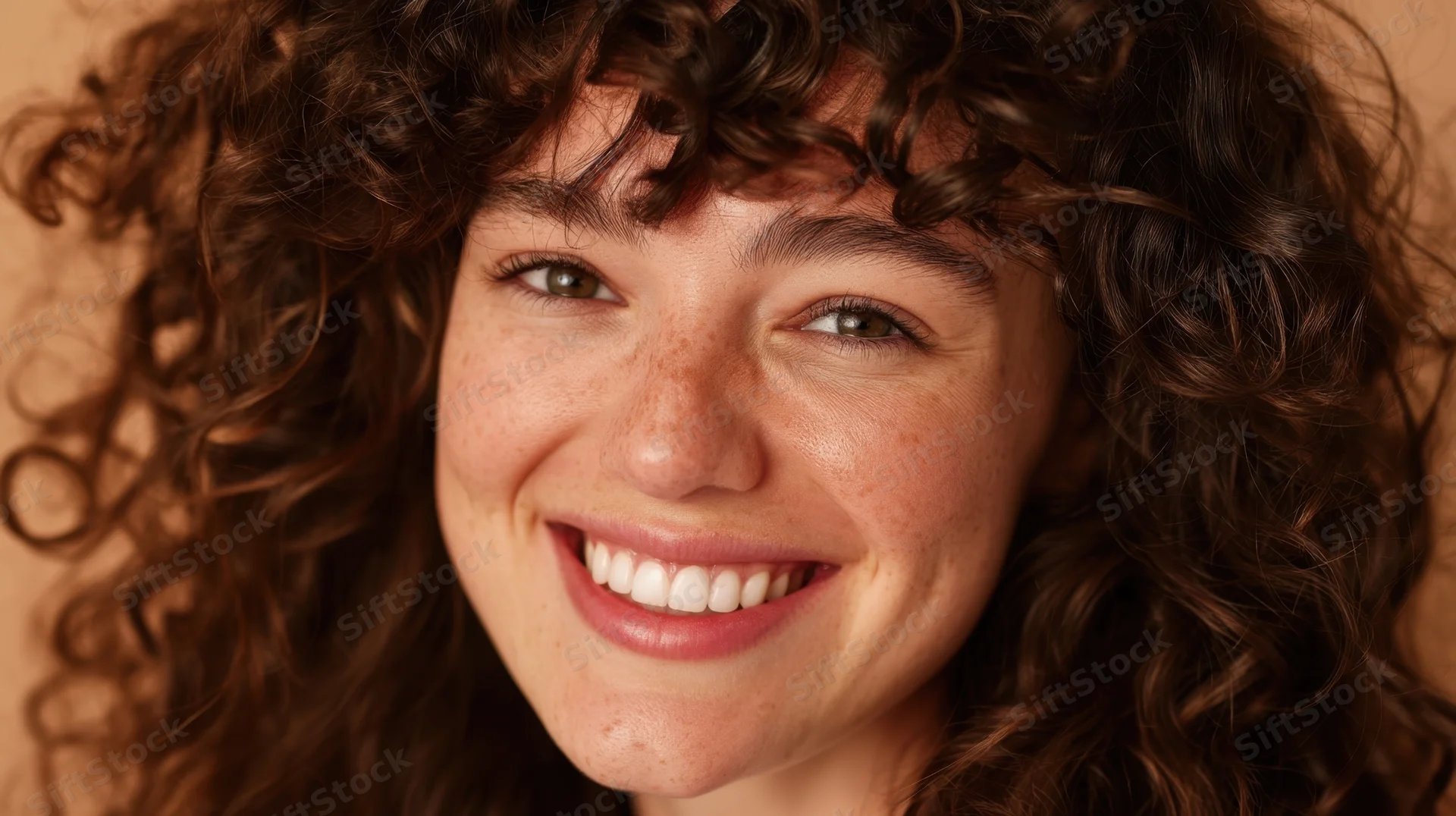 Smiling woman with curly brown hair in a closeup portrait