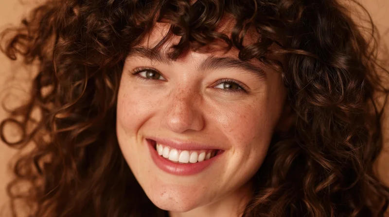 Smiling woman with curly brown hair in a closeup portrait
