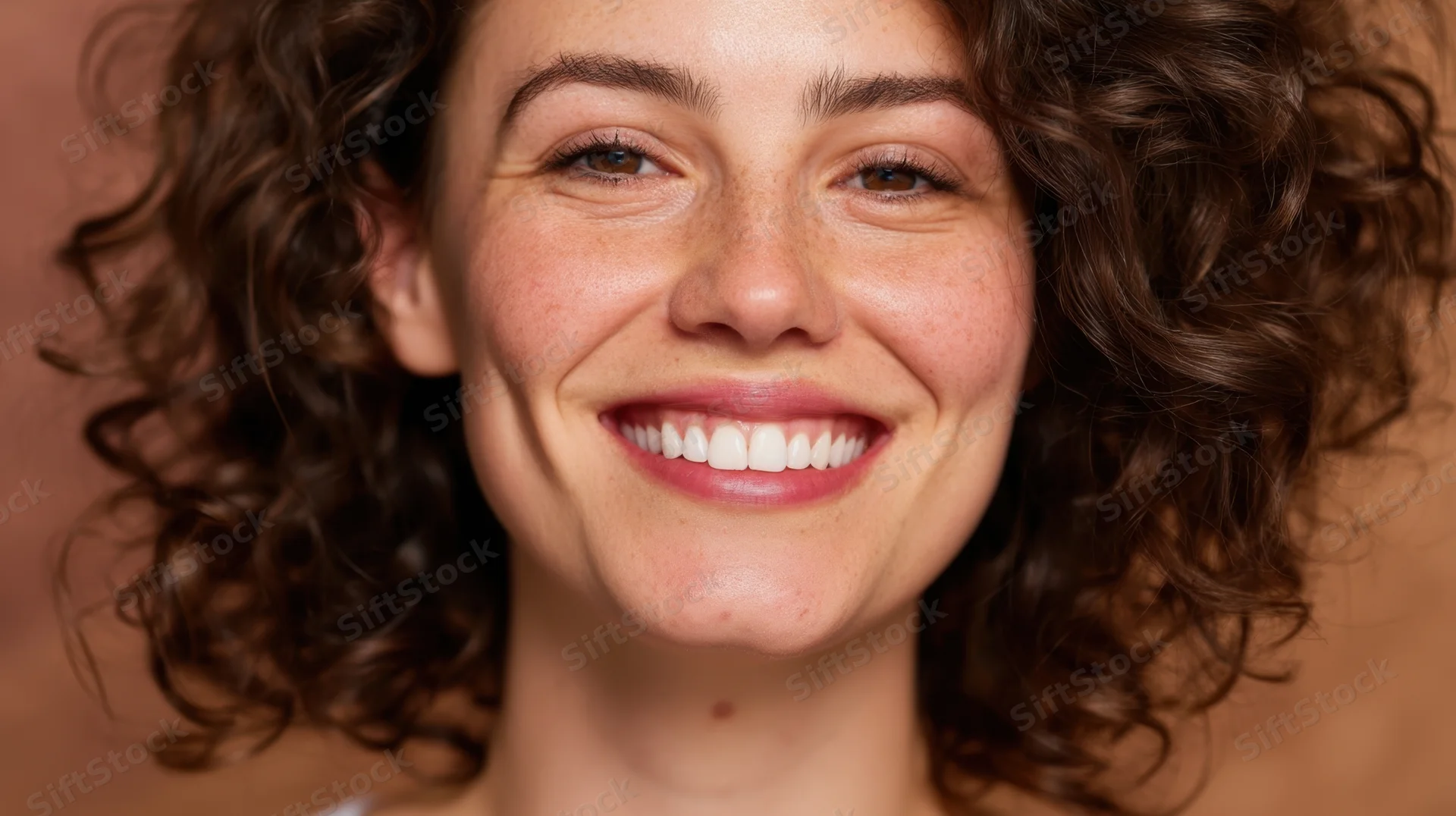 Closeup portrait of a smiling woman with curly brown hair and freckles, showing healthy skin and white teeth against a warm background