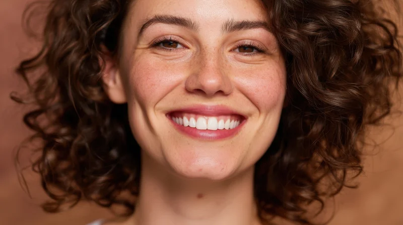 Closeup portrait of a smiling woman with curly brown hair and freckles, showing healthy skin and white teeth against a warm background