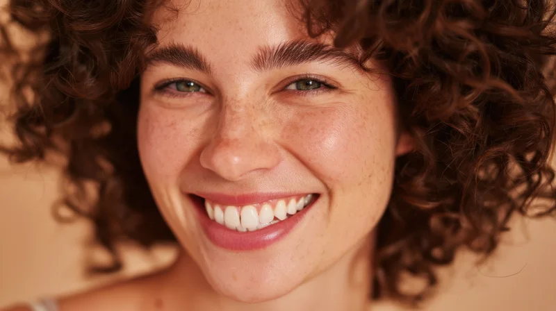 Closeup portrait of a smiling woman with curly brown hair and freckles