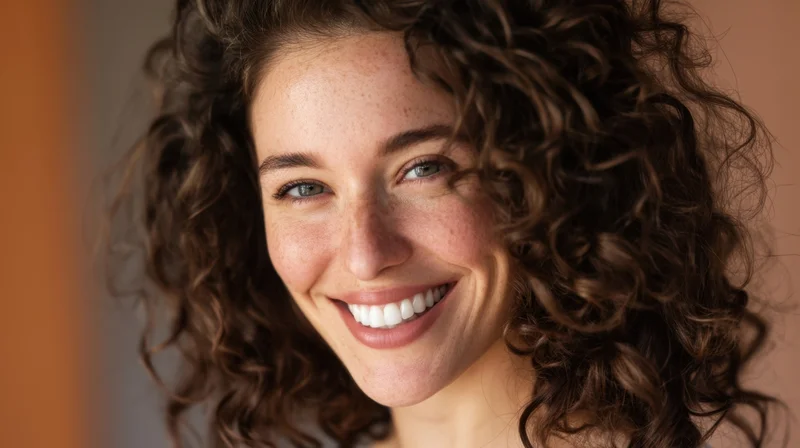 Smiling woman with curly brown hair and freckles in a close-up portrait