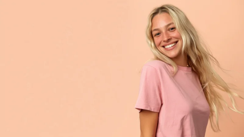 Young blonde woman smiling in pink tshirt against peach background