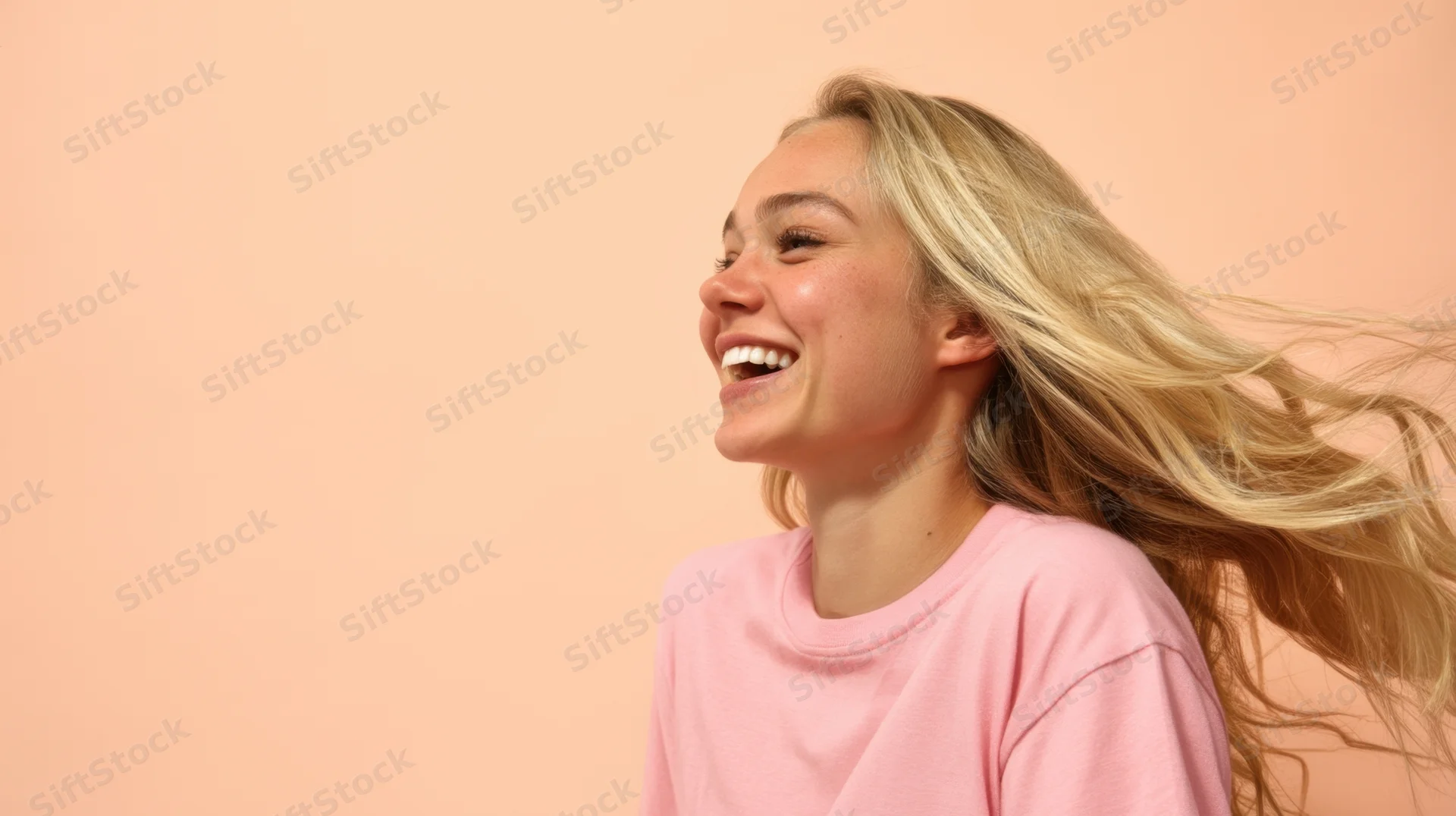 Young woman laughing with blonde hair flowing in profile against peach background