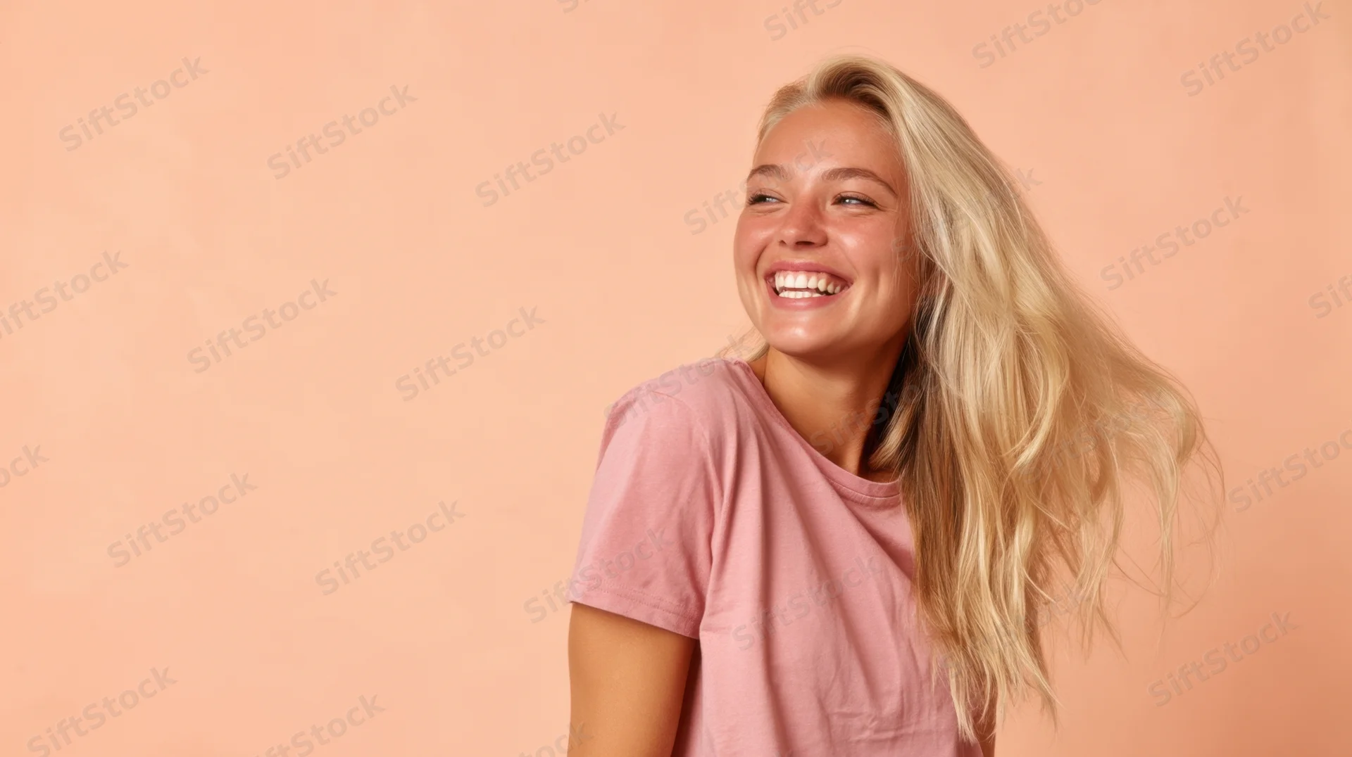 Young woman smiling with blonde hair in a pink tshirt against a peach background
