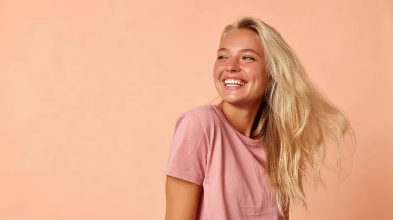 Young woman smiling with blonde hair in a pink tshirt against a peach background