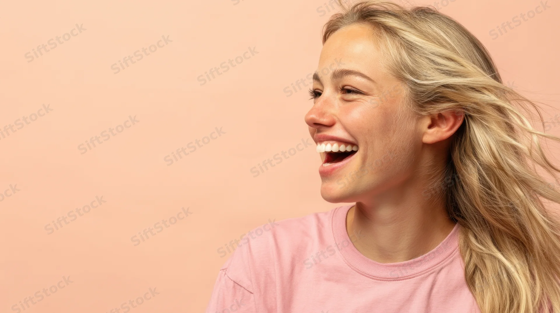 Young woman laughing with blonde hair in profile against a pink background wearing a pink tshirt