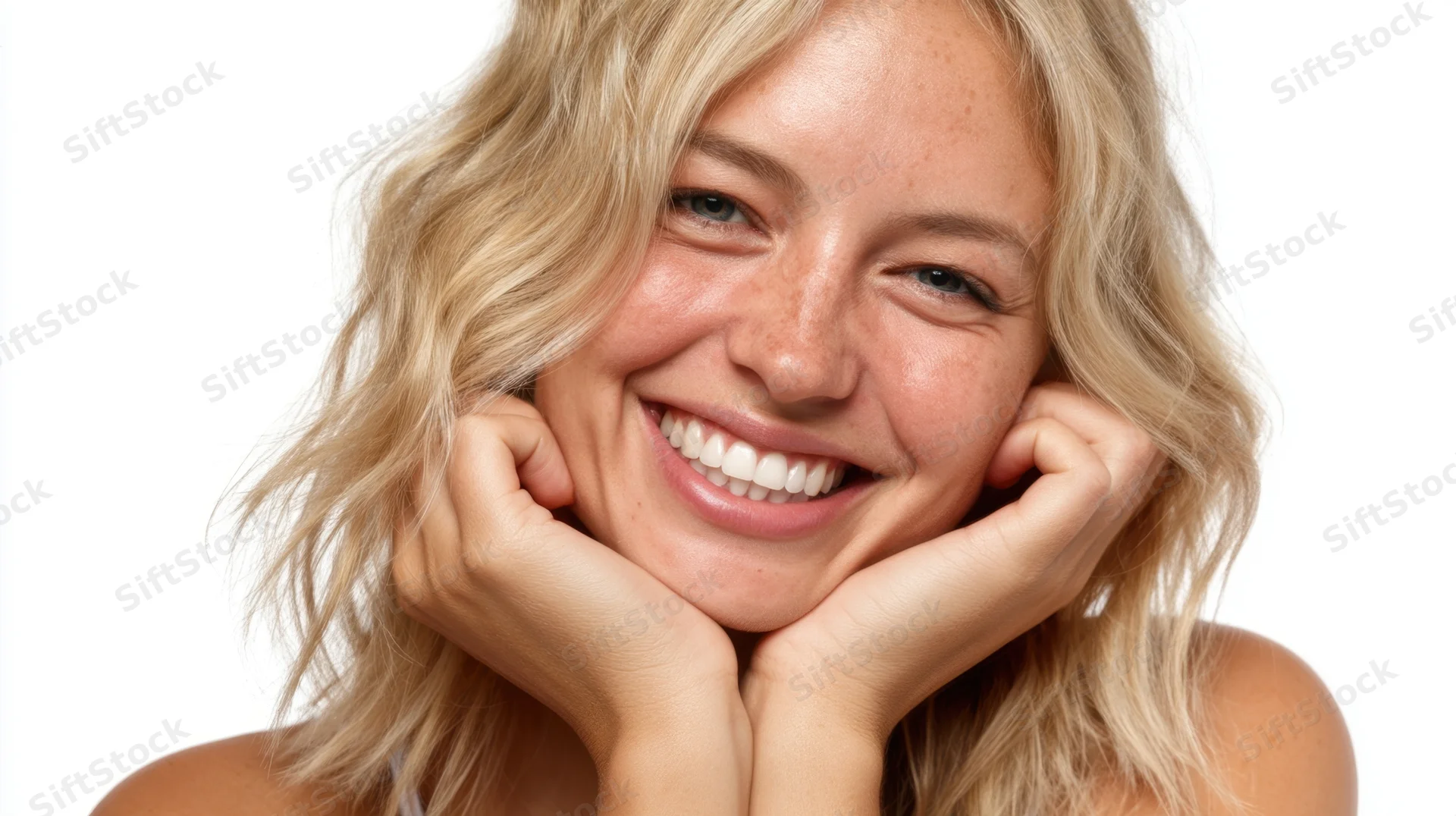 Smiling blonde woman with hands on cheeks in studio portrait