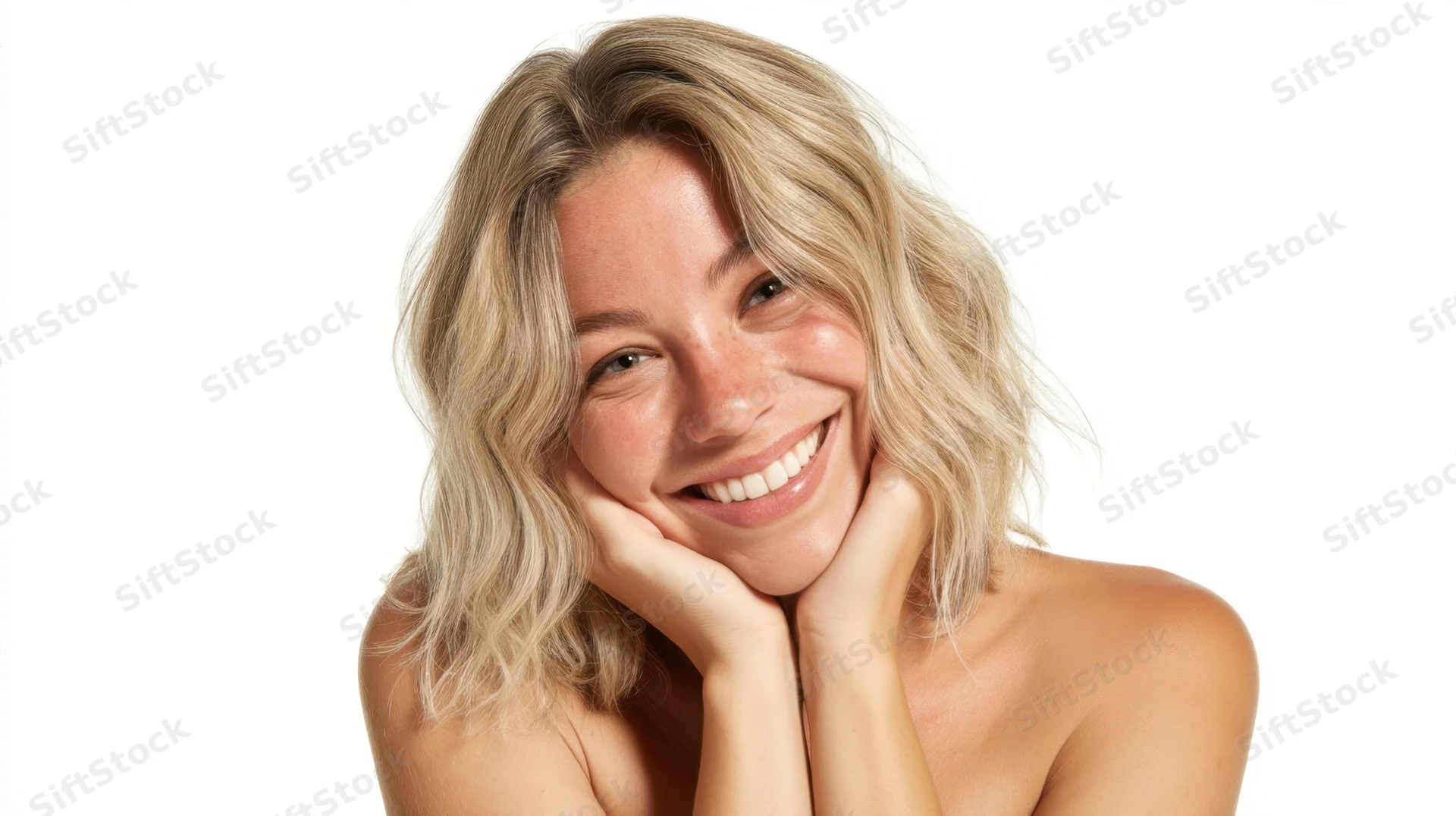 Smiling blonde woman resting her chin on her hands in a studio portrait