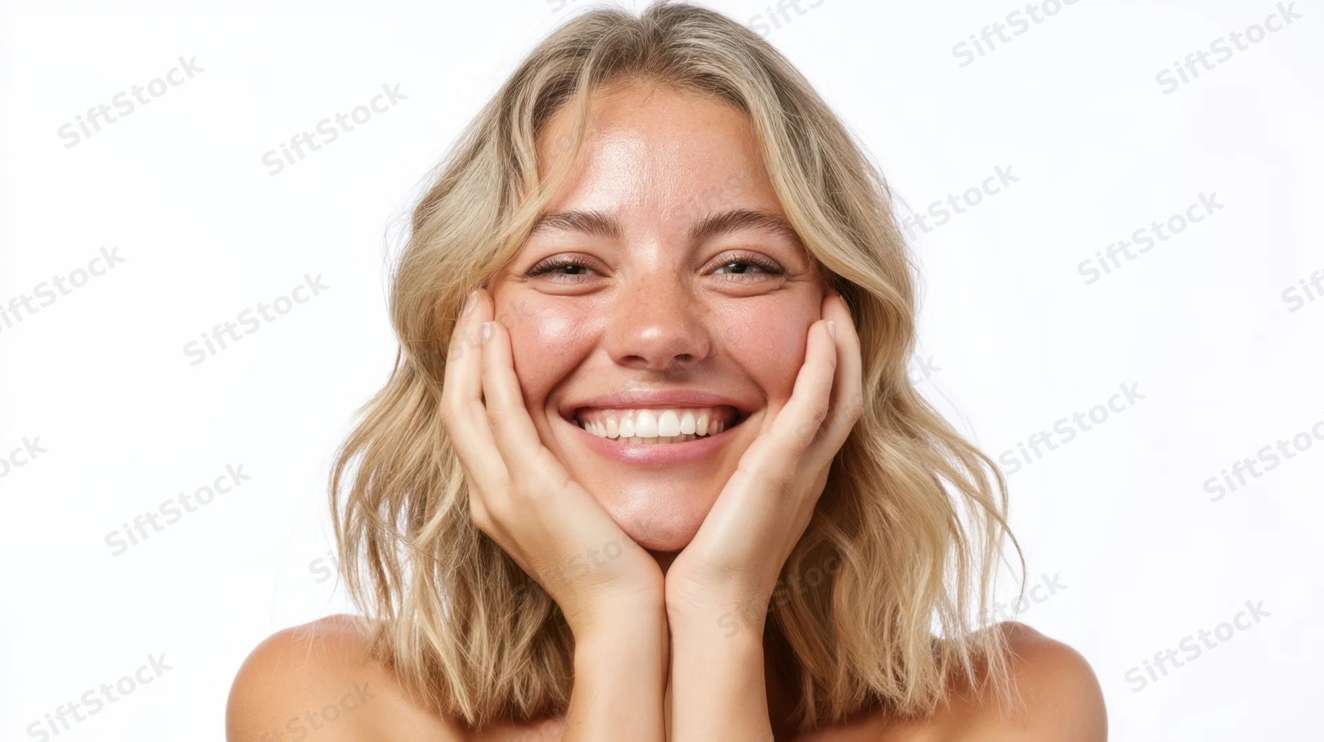 Smiling woman holding her cheeks with hands against white background