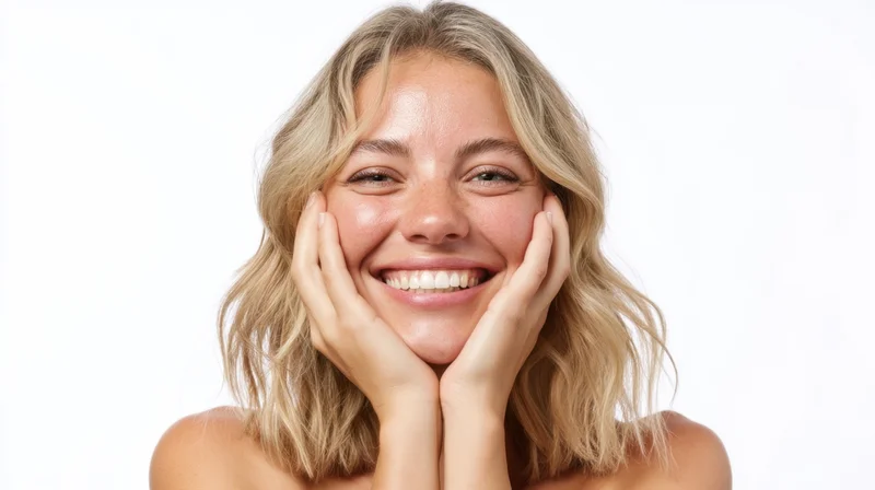 Smiling woman holding her cheeks with hands against white background