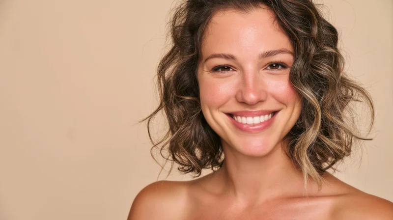 Smiling woman with curly highlighted hair in studio portrait with beige background and copyspace