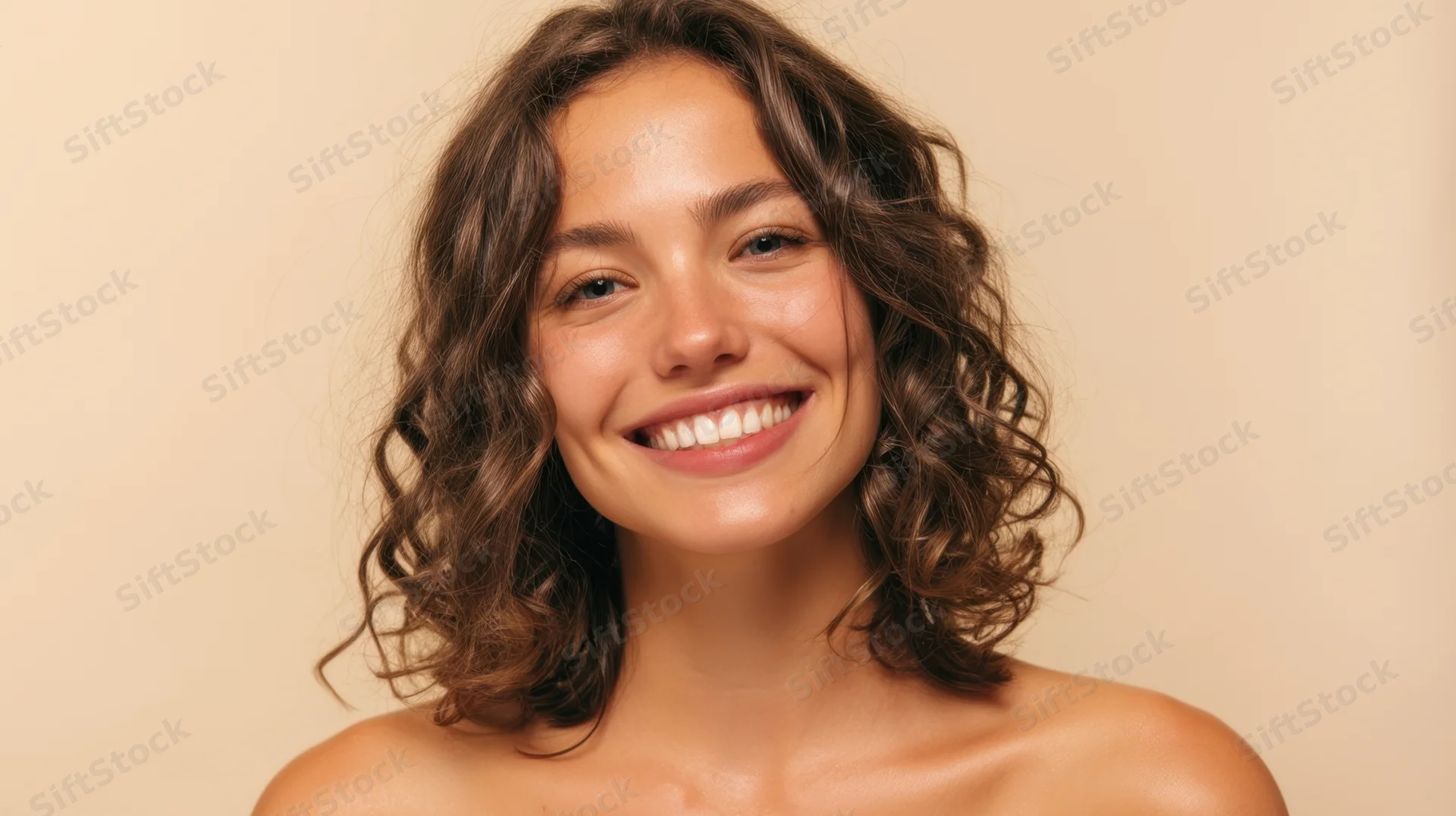 Smiling woman with curly brown hair in a studio portrait