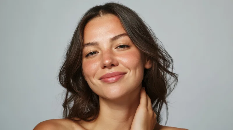 Smiling woman touching her neck in a studio portrait