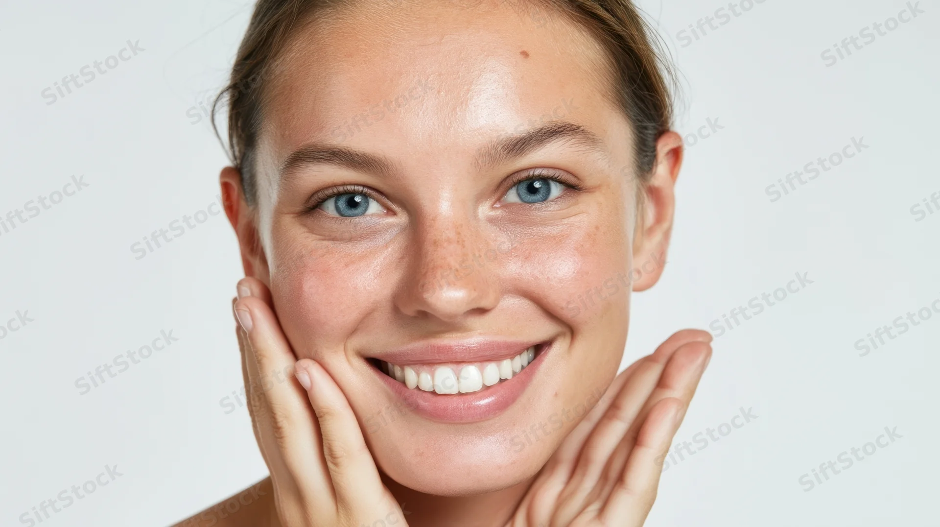 Young woman smiling with hands on cheeks in studio portrait