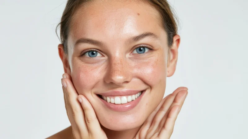 Young woman smiling with hands on cheeks in studio portrait