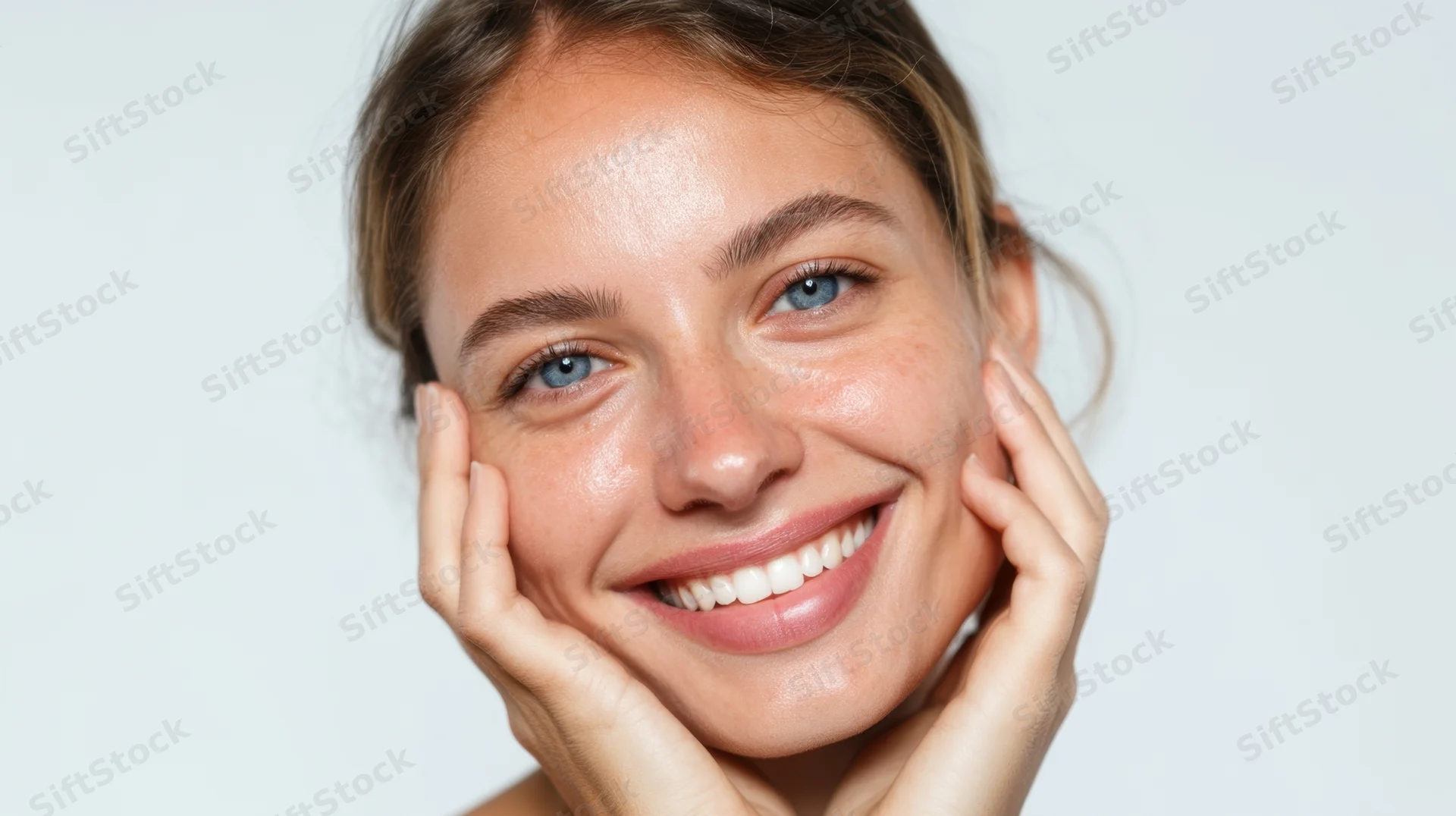 Smiling woman touching her cheeks with hands, close-up portrait against light background