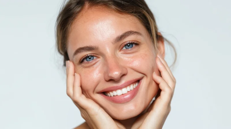 Smiling woman touching her cheeks with hands, close-up portrait against light background