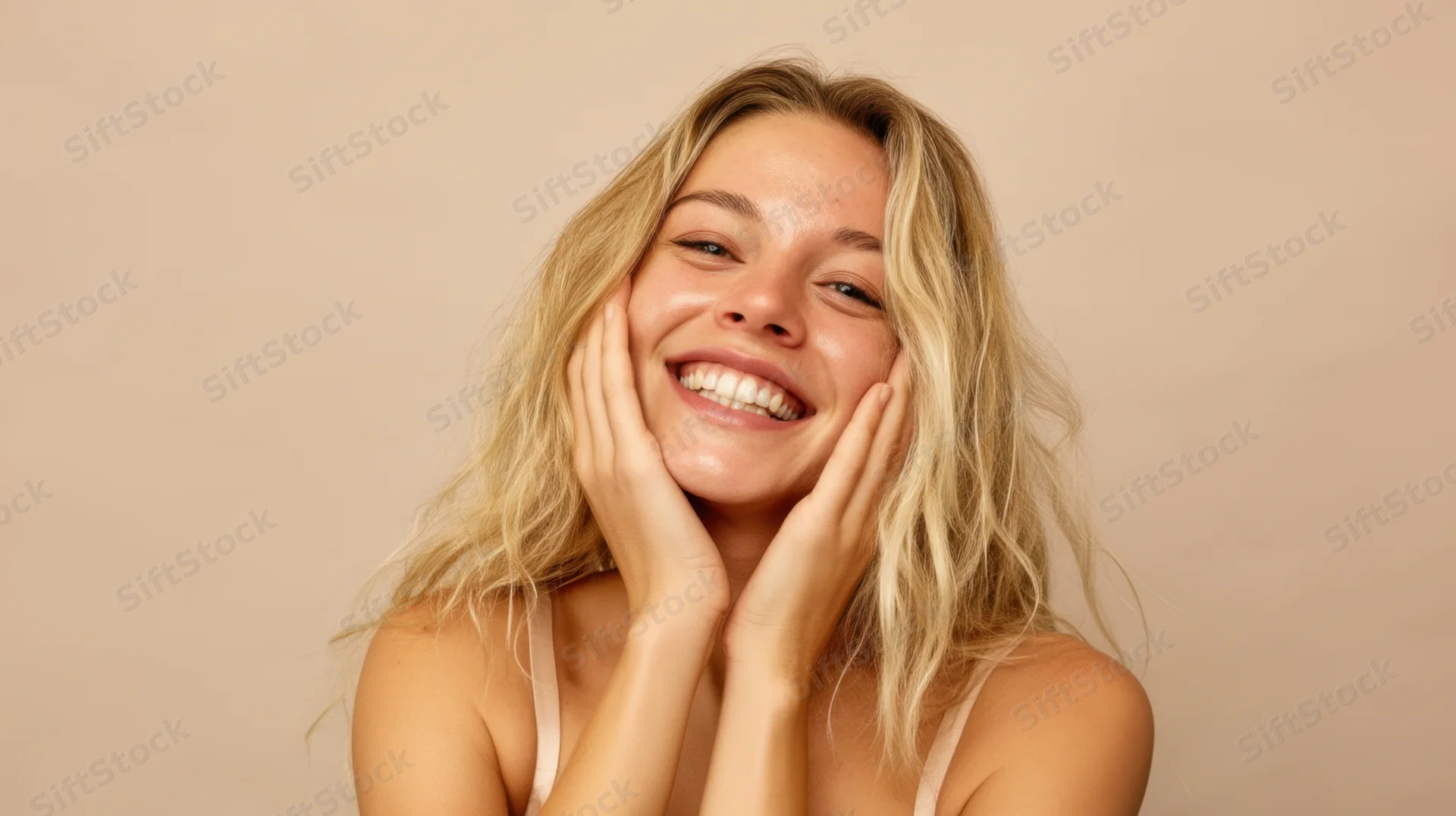 Smiling woman holding her cheeks with hands in studio setting