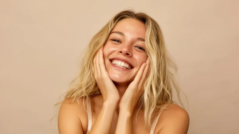 Smiling woman holding her cheeks with hands in studio setting