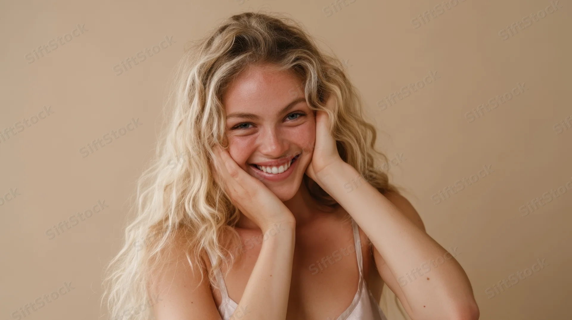 Smiling blonde woman with curly hair holding her cheeks in a studio portrait