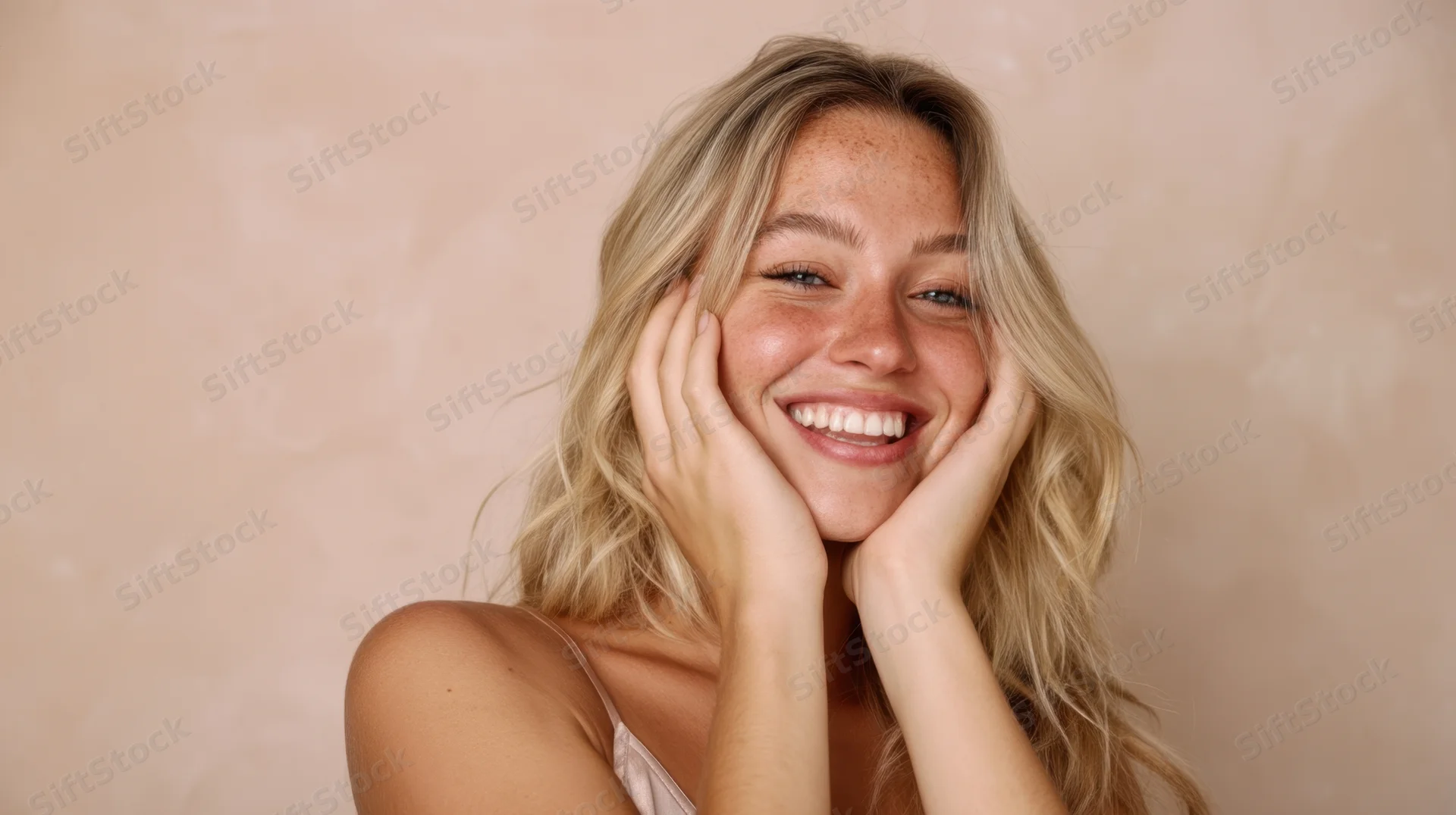 Young woman smiling with hands on cheeks against a soft beige background