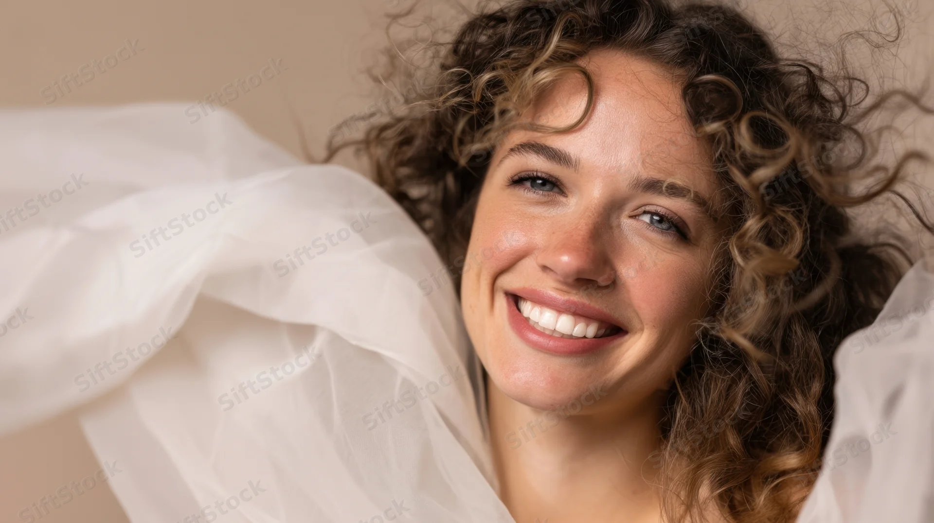 Smiling woman with curly hair lying under white sheer fabric