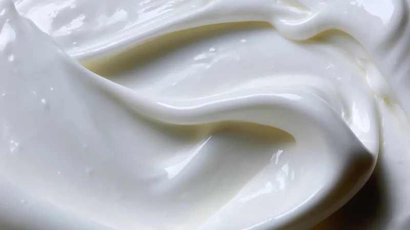 Closeup of smooth white cream with glossy swirls and soft texture
