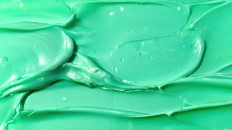 Closeup of smooth green paint texture with glossy swirls and reflections