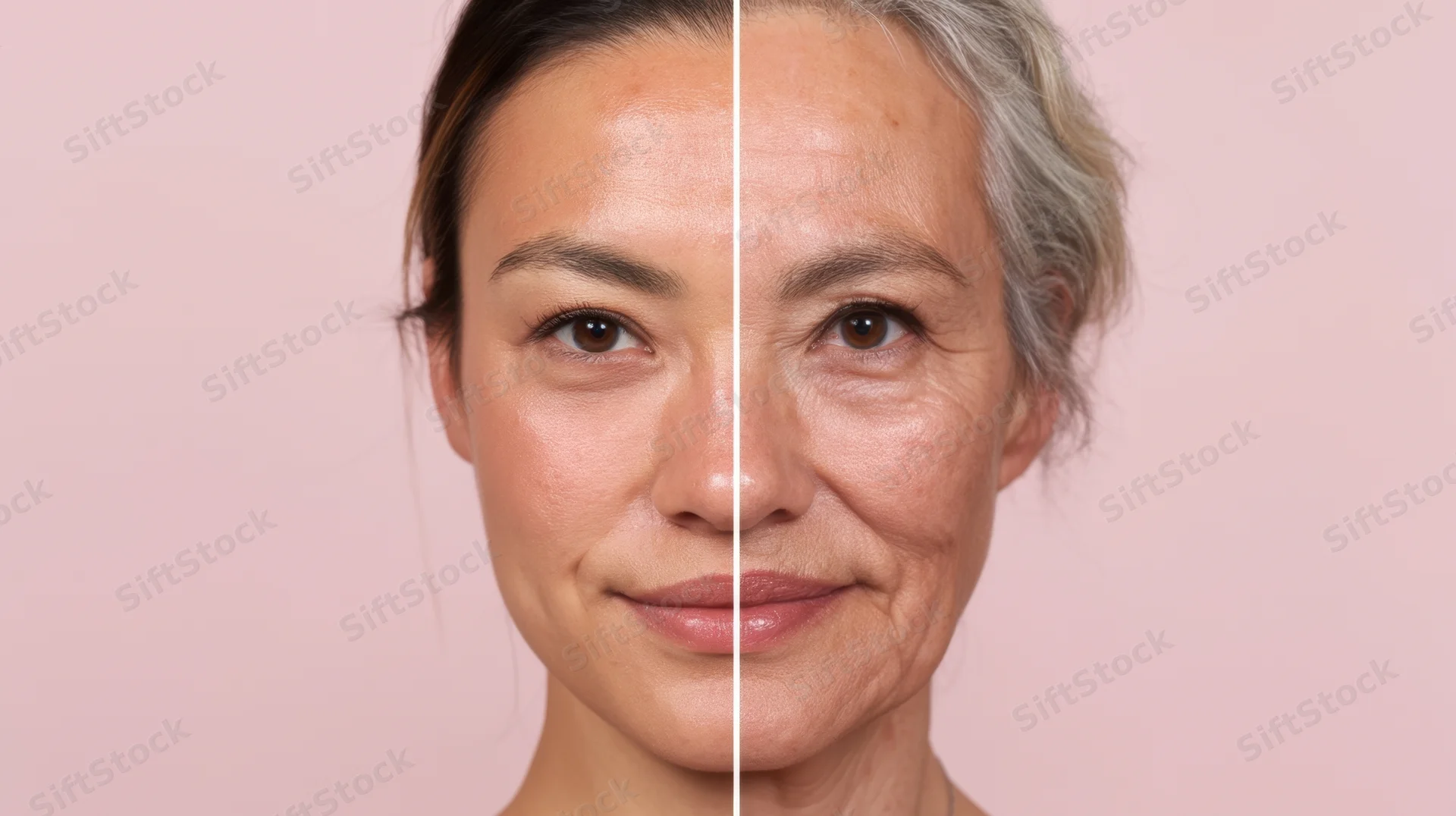 Woman's face split down the middle showing younger side and older side against pink background