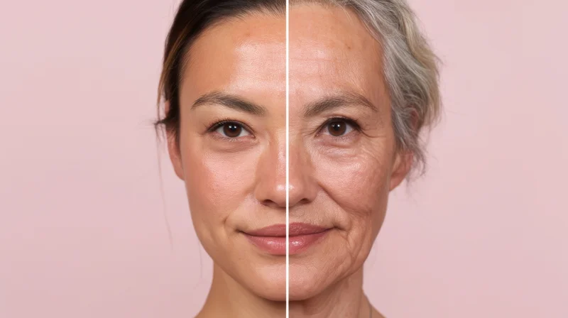 Woman's face split down the middle showing younger side and older side against pink background