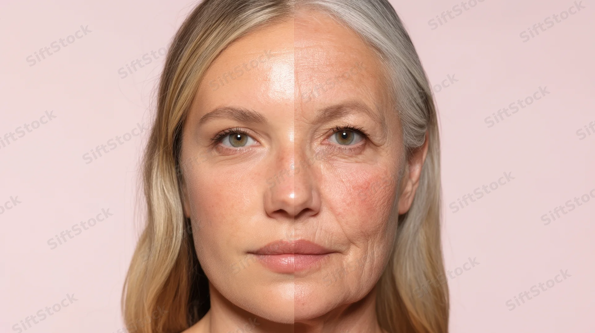 Woman's face split showing youthful skin on one side and aged skin on the other against pink background