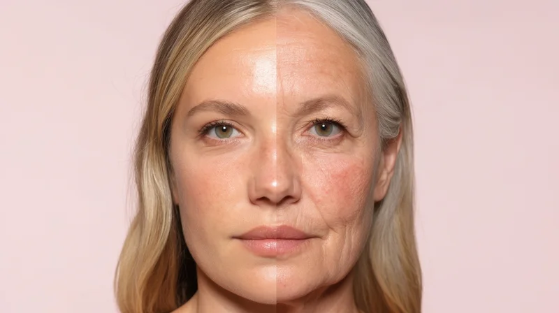 Woman's face split showing youthful skin on one side and aged skin on the other against pink background