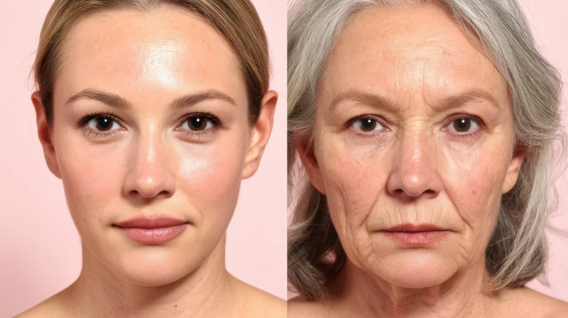 Split portrait of young and senior woman faces showing skin texture contrast against pink background