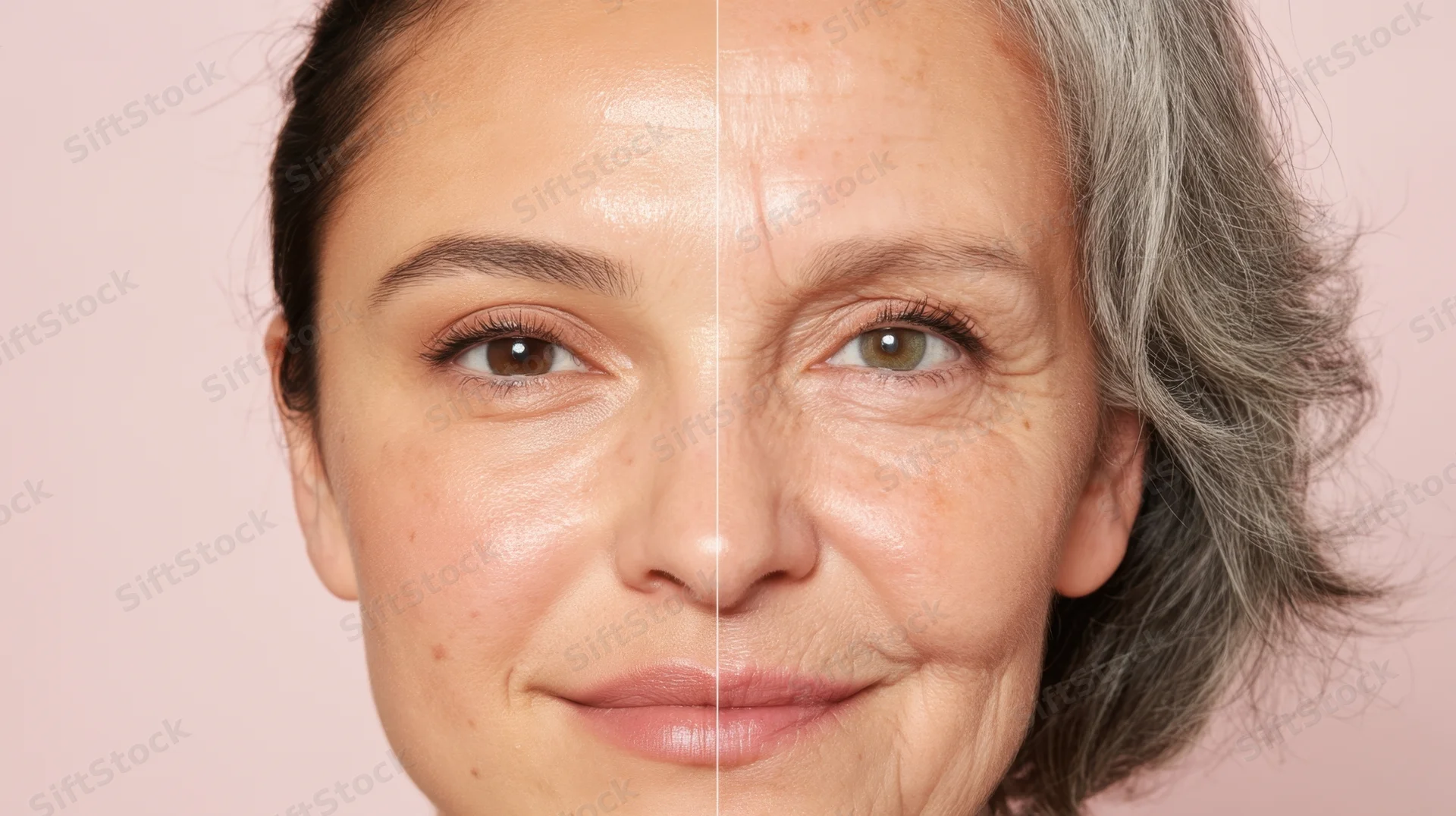 Split view of a woman’s face showing youthful skin on one side and aged skin on the other against a pink background