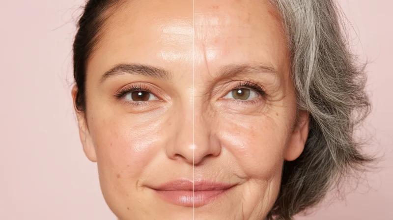 Split view of a woman’s face showing youthful skin on one side and aged skin on the other against a pink background