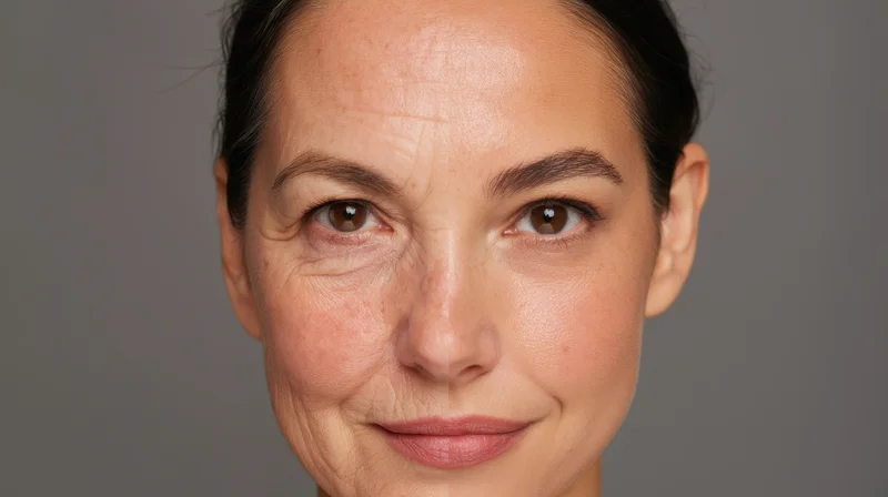 Closeup portrait of a mature woman with natural skin texture and subtle smile against a neutral gray background