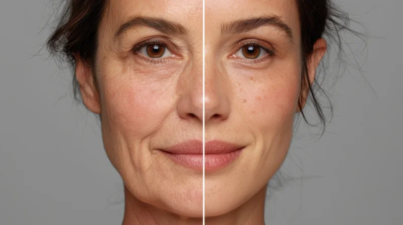 Woman's face split showing before and after skincare treatment with reduced wrinkles and improved skin texture
