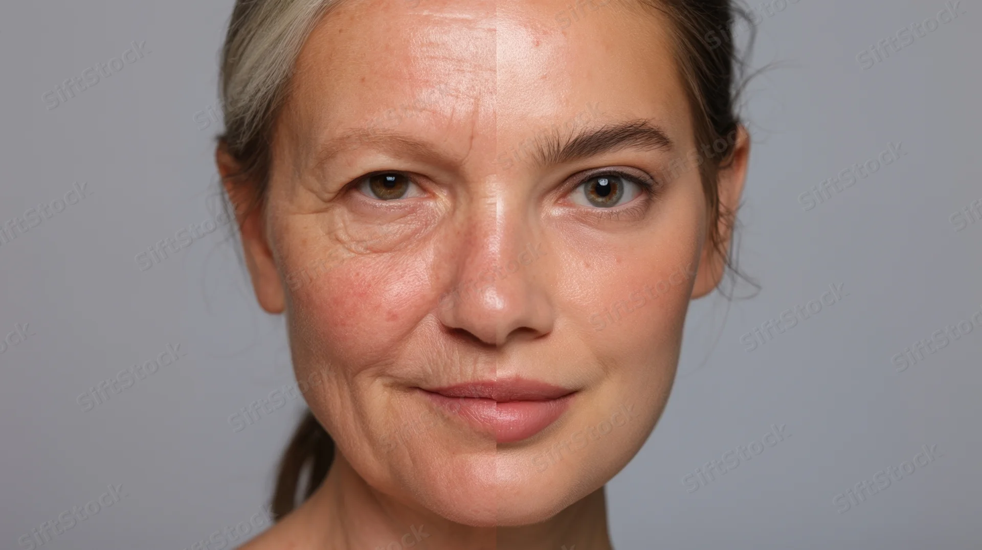 Woman's face split showing before and after skincare treatment in studio setting