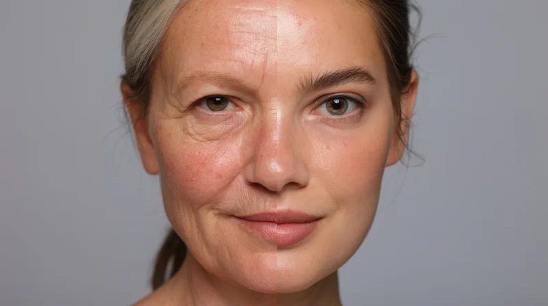 Woman's face split showing before and after skincare treatment in studio setting