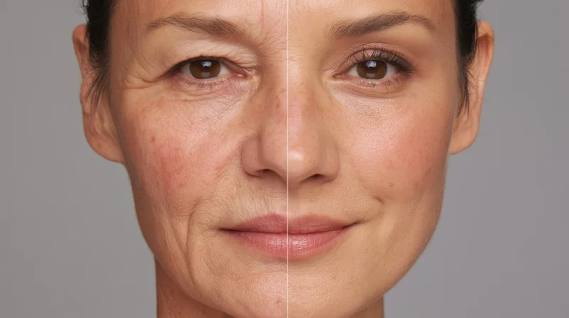 Woman's face split showing before and after skincare treatment with visible wrinkle reduction and smoother skin texture