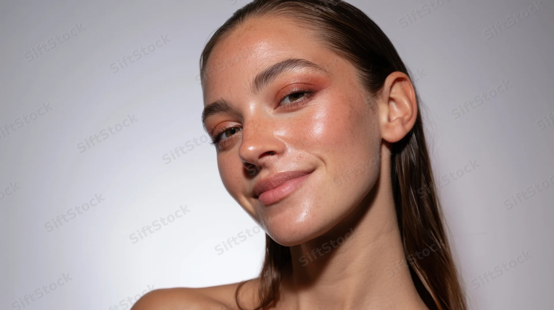Woman with glowing skin and subtle makeup in studio portrait