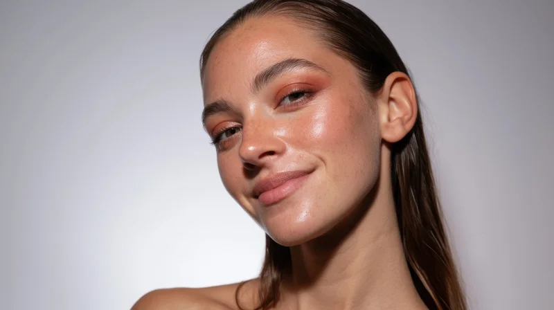 Woman with glowing skin and subtle makeup in studio portrait
