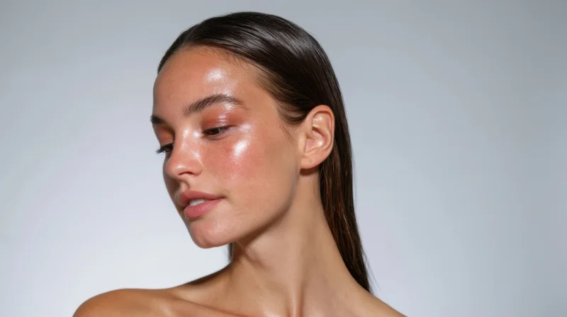 Woman with glowing skin in studio portrait, soft lighting, closeup view
